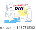 Antarctic Day Illustration Featuring Penguins on Floating Icebergs, Snowflakes, Frozen Landscape, and Polar Wildlife Conservation in Winter Climate 143758502