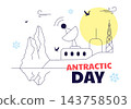 Antarctic Day Illustration Featuring Penguins on Floating Icebergs, Snowflakes, Frozen Landscape, and Polar Wildlife Conservation in Winter Climate 143758503