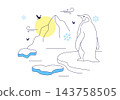Antarctic Day Illustration Featuring Penguins on Floating Icebergs, Snowflakes, Frozen Landscape, and Polar Wildlife Conservation in Winter Climate 143758505
