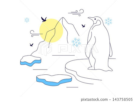 Antarctic Day Illustration Featuring Penguins on Floating Icebergs, Snowflakes, Frozen Landscape, and Polar Wildlife Conservation in Winter Climate Antarctic Day Illustration Featuring Penguins on Floating Icebergs, Snowflakes, Frozen Landscape, and Polar Wildlife Conservation in Winter Climate 143758505
