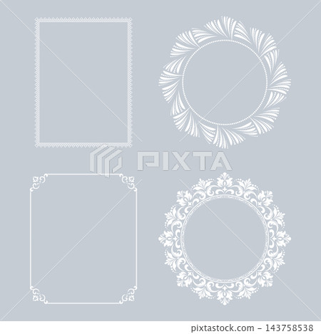 Set of decorative frames Elegant vector element for design in Eastern style, place for text. Floral gray and white frames. Lace illustration for invitations and greeting cards Set of decorative frames Elegant vector element for design in Eastern style, place for text. Floral gray and white frames. Lace illustration for invitations and greeting cards 143758538