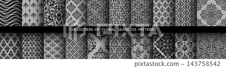 Geometric floral set of seamless patterns. Gray and black vector backgrounds. Damask graphic ornaments Geometric floral set of seamless patterns. Gray and black vector backgrounds. Damask graphic ornaments 143758542