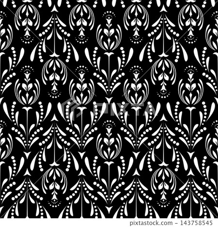 Flower geometric pattern. Seamless vector background. White and black ornament. Ornament for fabric, wallpaper, packaging. Decorative print. Flower geometric pattern. Seamless vector background. White and black ornament. Ornament for fabric, wallpaper, packaging. Decorative print. 143758545