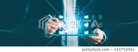 Banner of Business man using tablet with AI automation technology, data management system. Digital transformation, artificial intelligence, big data analytics and futuristic networking Banner of Business man using tablet with AI automation technology, data management system. Digital transformation, artificial intelligence, big data analytics and futuristic networking 143758561