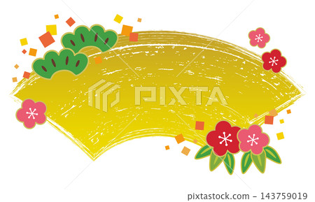 Pine, bamboo, plum blossoms and gold leaf brushstroke fan-shaped Japanese style frame / Gold Pine, bamboo, plum blossoms and gold leaf brushstroke fan-shaped Japanese style frame / Gold 143759019