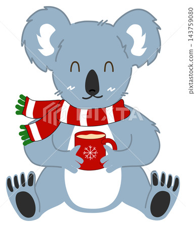 Cute Koala Wearing Red Scarf Holding Hot Chocolate Mug in Winter Season Cute Koala Wearing Red Scarf Holding Hot Chocolate Mug in Winter Season 143759080