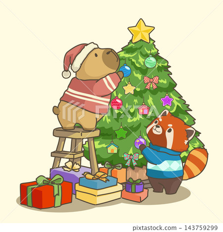 Cute Capybara and Red Panda Decorating Christmas Tree Cute Capybara and Red Panda Decorating Christmas Tree 143759299