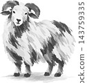A Japanese-style sheep with horns, hand-painted in an ink painting style. 143759335