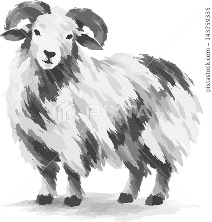 A Japanese-style sheep with horns, hand-painted in an ink painting style. A Japanese-style sheep with horns, hand-painted in an ink painting style. 143759335