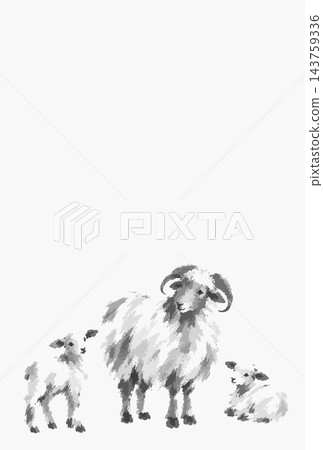 A Japanese-style mother and baby sheep, hand-painted in an ink painting style. 143759336