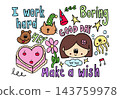 Cute hand drawn vector illustrations of a girl head shape, heart shaped cake with cherries, cat wearing party hat, jellyfish, flower, good day, I work hard, Boring, Make a wish letters for icon set 143759978