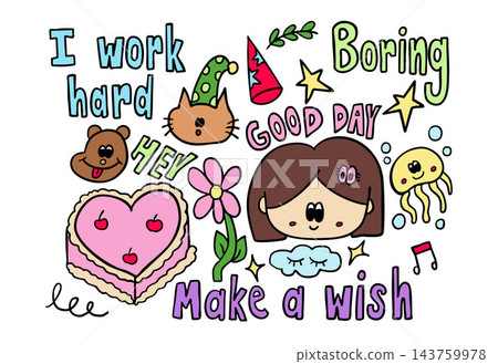 Cute hand drawn vector illustrations of a girl head shape, heart shaped cake with cherries, cat wearing party hat, jellyfish, flower, good day, I work hard, Boring, Make a wish letters for icon set Cute hand drawn vector illustrations of a girl head shape, heart shaped cake with cherries, cat wearing party hat, jellyfish, flower, good day, I work hard, Boring, Make a wish letters for icon set 143759978