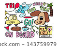 Cute hand drawn vector illustrations of yellow car, plane, puppy, pencil, TRIP letters, bread loaf, coffee mug, ON BOARD, coconut tree, headphone, cat in polaroid photo for decoration, fun time 143759979