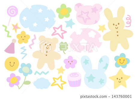 Pastel illustration of teddy bear, bunny, flowers, candy, clover leaf, cloud, stars, text box for cute animals, zoo, pet shop, spring, summer, cartoon, character, comic, mascot, nature, garden, icon Pastel illustration of teddy bear, bunny, flowers, candy, clover leaf, cloud, stars, text box for cute animals, zoo, pet shop, spring, summer, cartoon, character, comic, mascot, nature, garden, icon 143760001