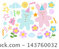 Pastel illustration of teddy bear, pink bunny, party hat, flowers, butterfly, cloud, stars for cute animals, zoo, pet shop, vet, spring, summer, cartoon, character, comic, mascot, nature, garden, icon 143760032