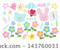 Pastel illustration of teddy bear, pink bunny, flowers, butterfly, sun heart, cloud, stars for cute animals, zoo, pet shop, vet, spring, summer, cartoon, character, comic, mascot, nature, garden, icon 143760033