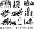 many hand drawn architectectural sketches of a modern fantastic architecture and urban ideas, buildings and people 143760356