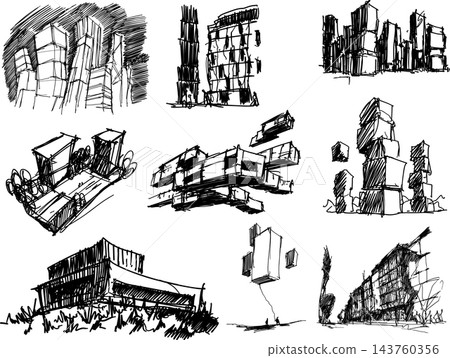 many hand drawn architectectural sketches of a modern fantastic architecture and urban ideas, buildings and people many hand drawn architectectural sketches of a modern fantastic architecture and urban ideas, buildings and people 143760356