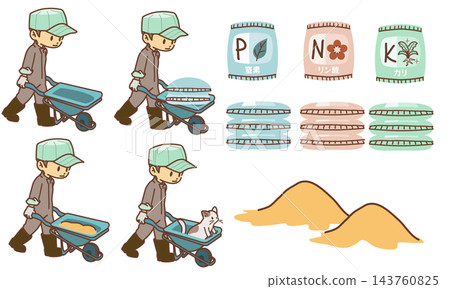 An illustration of a man using a cat to transport something. 143760825