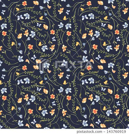 Small flowers and little butterfly watercolor seamless pattern on dark background. Dainty floral textile print with wildflower on vine hand painted. Blooms repeat for textile design or gift wrap. 143760919