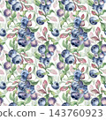 Endless berry plants print for background. Watercolor blueberry pattern with berries and bright foliage isolated. Seamless summer ripe fruits on branches for textile, wallpaper or kitchen design. 143760923