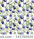 Seamless watercolor berry pattern with bilberry on leafy branches isolated. Fresh ripe fruit illustration hand painted. Wild northern berry motif repeat background for wallpaper, textile or packaging. 143760926