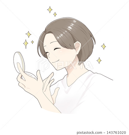 一幅描繪女子滿意地對著手鏡自言自語的插圖。 一幅描繪女子滿意地對著手鏡自言自語的插圖。 143761020