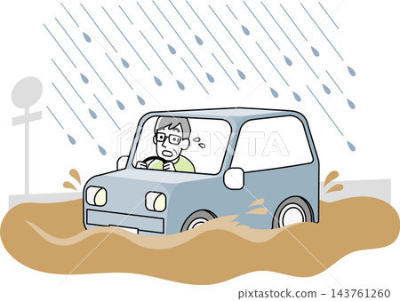 一名男子駕車駛過被洪水淹沒的道路。 一名男子駕車駛過被洪水淹沒的道路。 143761260