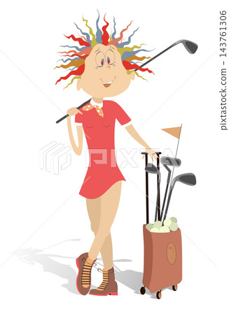 Young woman plays golf isolated illustration. Pretty young woman with a golf club on the shoulder and bag full of golf clubs and balls isolated on white illustration Young woman plays golf isolated illustration. Pretty young woman with a golf club on the shoulder and bag full of golf clubs and balls isolated on white illustration 143761306