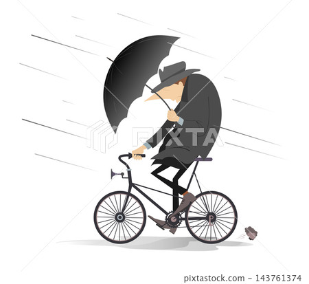 Rainy and windy day and man rides a bike illustration. Man with an umbrella rides a bike under strong wind and rain isolated on white	 143761374