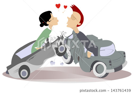Road accident and love couples. Man and woman fall into the road accident and find love Road accident and love couples. Man and woman fall into the road accident and find love 143761439