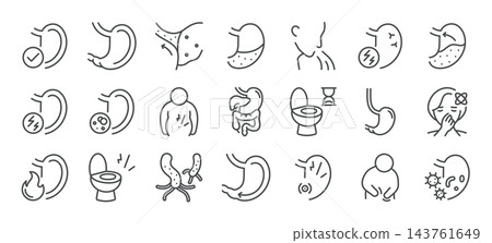 Stomach Disorders Vector Icons Set. Acid Reflux Gastritis Heartburn Nausea. Thin Line Medical Outline Collection Stomach Disorders Vector Icons Set. Acid Reflux Gastritis Heartburn Nausea. Thin Line Medical Outline Collection 143761649