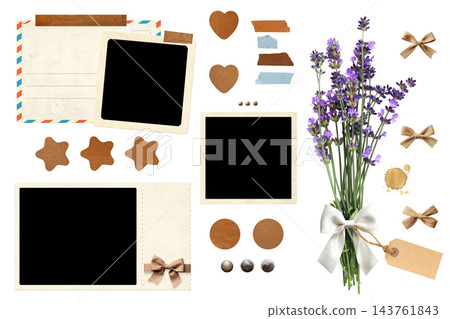 Collection of vintage elements for scrapbooking. Nostalgic set of retro photo, coffee stain, linen bow, adhesive tape stripes, paper tag, lavender flower. Mockup template. Isolated on white background Collection of vintage elements for scrapbooking. Nostalgic set of retro photo, coffee stain, linen bow, adhesive tape stripes, paper tag, lavender flower. Mockup template. Isolated on white background 143761843