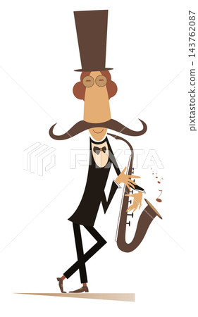 Cartoon long mustache saxophonist illustration isolated. Smiling mustache man in the top hat is playing music on saxophone with inspiration isolated on white Cartoon long mustache saxophonist illustration isolated. Smiling mustache man in the top hat is playing music on saxophone with inspiration isolated on white 143762087