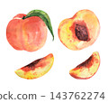 Watercolor peach fruit set with a whole peach, a cut half with a pit and two sliced wedges, realistic food illustrations for recipes, packaging and summer designs 143762274