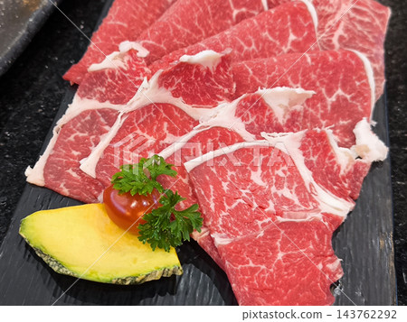 Fresh Raw Wagyu Beef Slices on Platter 143762292