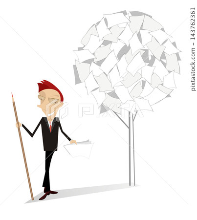 Man and document tree. Smiling man with a big pencil stands near a tree of documents Man and document tree. Smiling man with a big pencil stands near a tree of documents 143762361