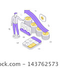 Man Calculating Financial Growth With Coin Stacks And An Arrow Isometric Vector Illustration 143762573