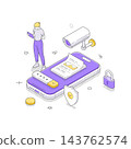 Woman Securing A Mobile Phone With A Camera And A Lock Isometric Vector Illustration 143762574