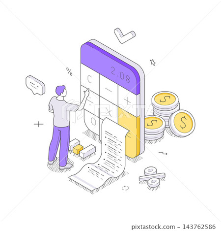 Man Using A Calculator For Financial Planning And Budgeting Isometric Vector Illustration 143762586