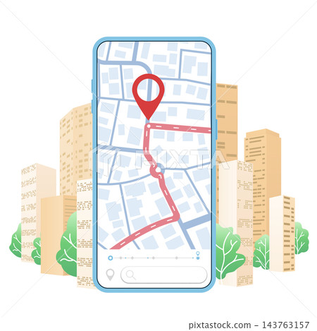 Mobile phone with city map on the screen. Urban mobility, route optimization, city exploration. Concept of your location on map and navigation to poi. City landscape background. Vector illustration Mobile phone with city map on the screen. Urban mobility, route optimization, city exploration. Concept of your location on map and navigation to poi. City landscape background. Vector illustration 143763157