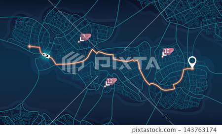 An abstract navigation plan highlights POI including city streets, blocks. City map featuring directional signs, an intended goal point and multiple markers. Editable vector illustration An abstract navigation plan highlights POI including city streets, blocks. City map featuring directional signs, an intended goal point and multiple markers. Editable vector illustration 143763174