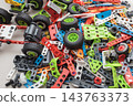 Colorful mechanical construction toy parts with wheels and connectors for STEM education 143763373