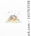 Whimsical nighttime cottage nestled on a gentle hillside with surrounded scattered stars 143763598