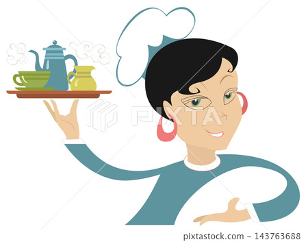 Pretty woman waiter carries a tray with coffee, cream and cap Pretty woman waiter carries a tray with coffee, cream and cap 143763688