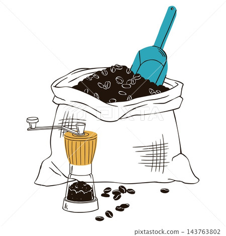 Coffee bean sack doodle vector with teal scoop and manual grinder with ground coffee. Burlap bag with roasted seeds isolated on a clean white background. Hand drawn sketch outline Coffee bean sack doodle vector with teal scoop and manual grinder with ground coffee. Burlap bag with roasted seeds isolated on a clean white background. Hand drawn sketch outline 143763802