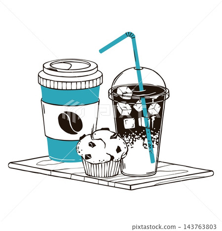 Coffee to go set doodle vector with paper cup, iced drink with straw and chocolate muffin. Breakfast combo on tray isolated on a clean white background. Hand drawn sketch outline in teal Coffee to go set doodle vector with paper cup, iced drink with straw and chocolate muffin. Breakfast combo on tray isolated on a clean white background. Hand drawn sketch outline in teal 143763803