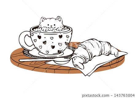Coffee cup doodle vector with cute cat foam art and croissant on wooden tray. Mug with hearts and spoon isolated on a clean white background. Hand drawn sketch outline illustration in brown Coffee cup doodle vector with cute cat foam art and croissant on wooden tray. Mug with hearts and spoon isolated on a clean white background. Hand drawn sketch outline illustration in brown 143763804