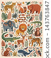 Whimsical wildlife pattern celebrating natures diversity in playful art style 143763847