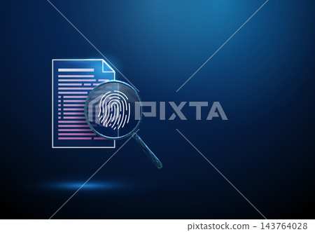3D blue document and magnifying glass with fingerprint. Identification, biometric security, document check, forensic analysis, fraud detection, identity concept 3D blue document and magnifying glass with fingerprint. Identification, biometric security, document check, forensic analysis, fraud detection, identity concept 143764028